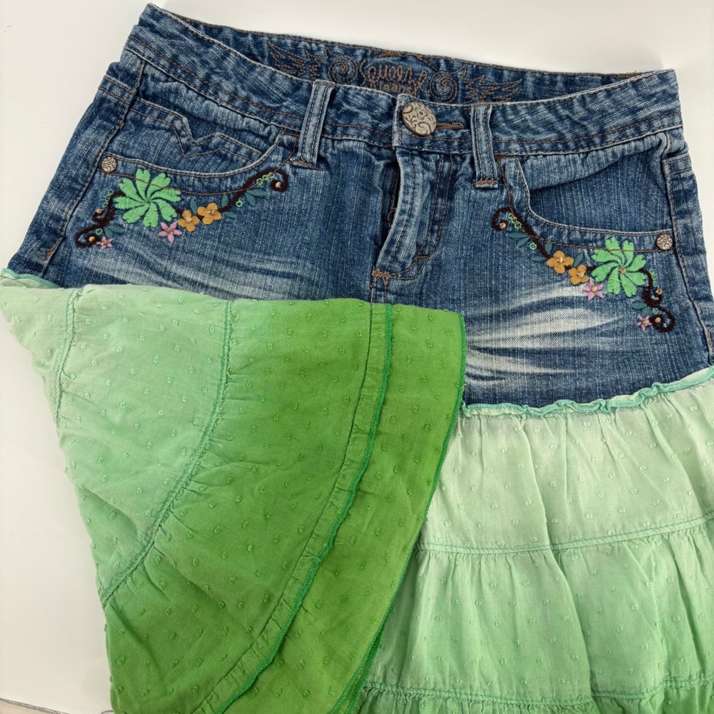 Squeeze Jeans Tiered Skirt Kids Size 12 Green Ombre Denim Floral Embroidered